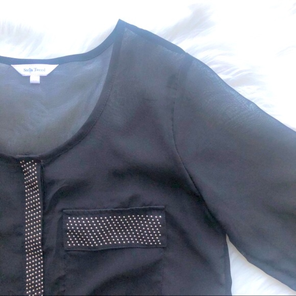 3/$30 STELLA TWEED black sheer blouse gold stud details size small